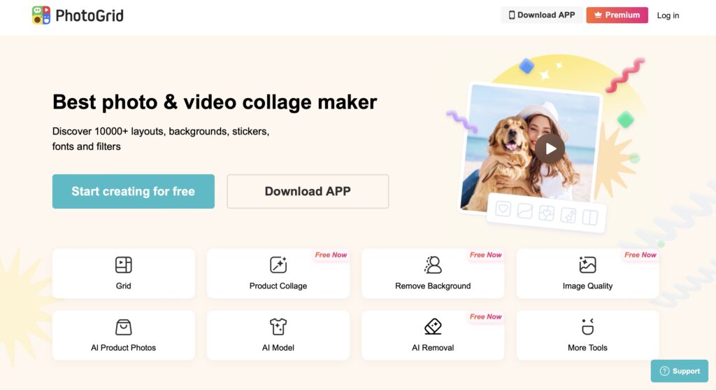 PhotoGrid - Best photo & video collage maker. Discover thousands of layouts, backgrounds, stickers, fonts, and filters. Start creating for free with options to download the app, log in, and support. Vibrant webpage with play button and icons for various features.