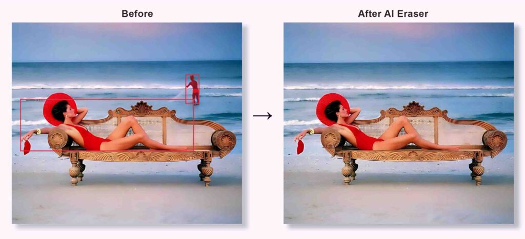 A woman in a red swimsuit and hat enjoys sunbathing on a beach bench, showcasing the powerful AI Eraser function of the PhotoGrid app. The "Before" and "After" sections demonstrate the removal of a man from the image, highlighting the remarkable capabilities of the AI Magic Brush.