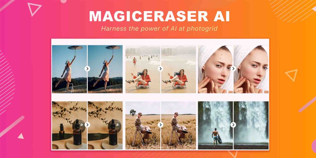 Discover the versatility of PhotoGrid's AI Eraser tool through six vibrant and dynamic photographs. This collection showcases the power of AI in enhancing photography, featuring scenes like a person mid-jump with an umbrella, someone sitting on a chair, individuals engaged in various activities in a field, and a serene moment by a waterfall. The captivating pink gradient background with abstract geometric shapes adds an artistic touch. Elevate your visual experience with PhotoGrid's AI Eraser and unlock the full potential of your photography.