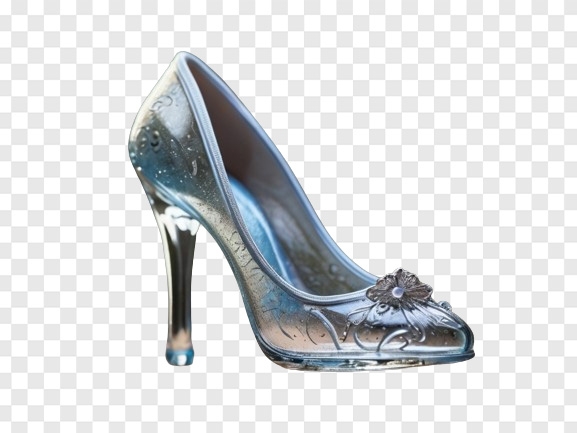 PhotoGrid app picture demonstrating AI background removal feature. A high-heeled silver metallic shoe with intricate details stands out against a transparent background. The seamless removal of the background showcases PhotoGrid's AI capability in effortlessly and naturally eliminating the background, enhancing the focus on the subject.