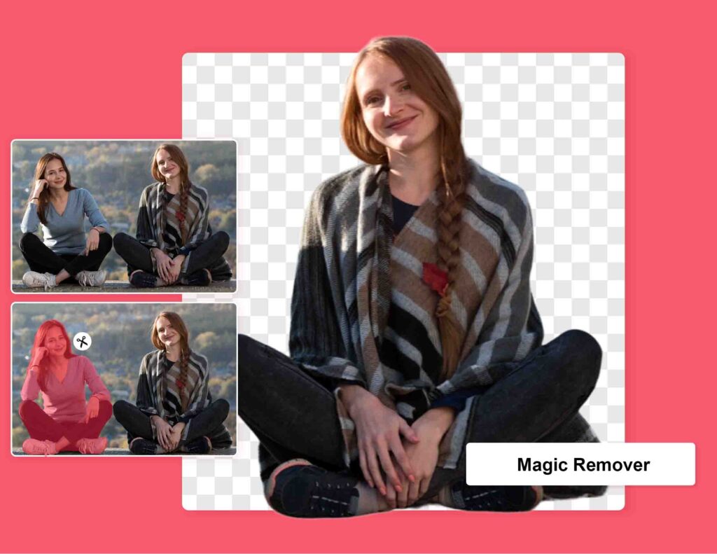 PhotoGrid app picture showcasing the seamless and natural background removal function powered by AI. The app's interface highlights the 'Magic Remover' button, indicating the specific feature in use. The checkered background adds visual interest while emphasizing the subject. This image exemplifies PhotoGrid's ability to effortlessly remove backgrounds, enhancing the focus on the subject with a smooth and natural result, making it an ideal choice for professional-looking photo editing.