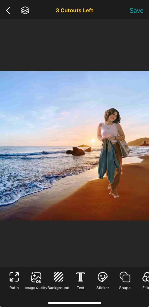 Promotional image showcasing the changing background function of our Photo Editing App. The image features a serene beach scene with a woman enjoying the sunset, highlighting the app's ability to enhance and modify photographs with different background options.