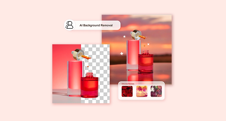 Picture of PhotoGrid app showcasing AI background removal feature. A red cylindrical object undergoes background removal, symbolizing erasing. Serene landscape with sunset and stars in the background. 'Choose Scenes' button with pre-selected scene options. Modern and user-friendly design.