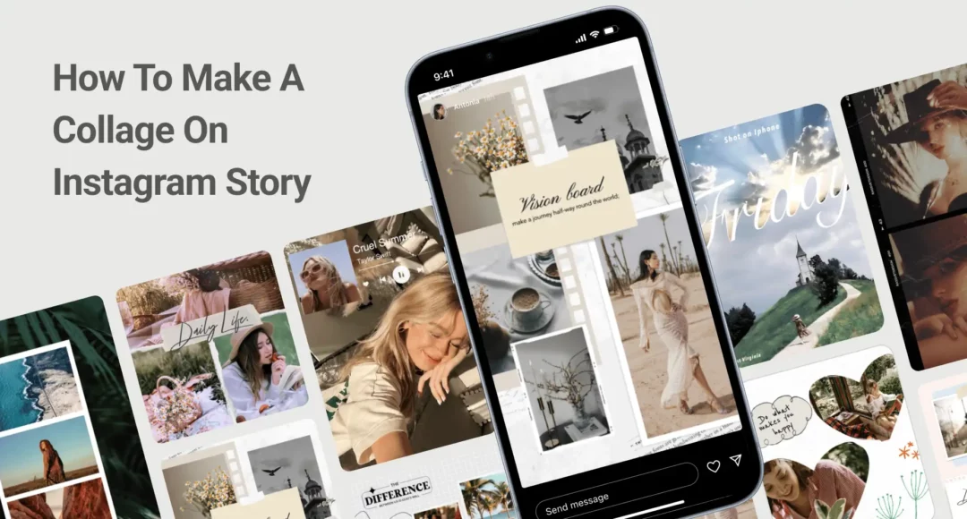 A cover with diverse collage templates, and a smartphone in the center highlighting an Instagram Story Collage